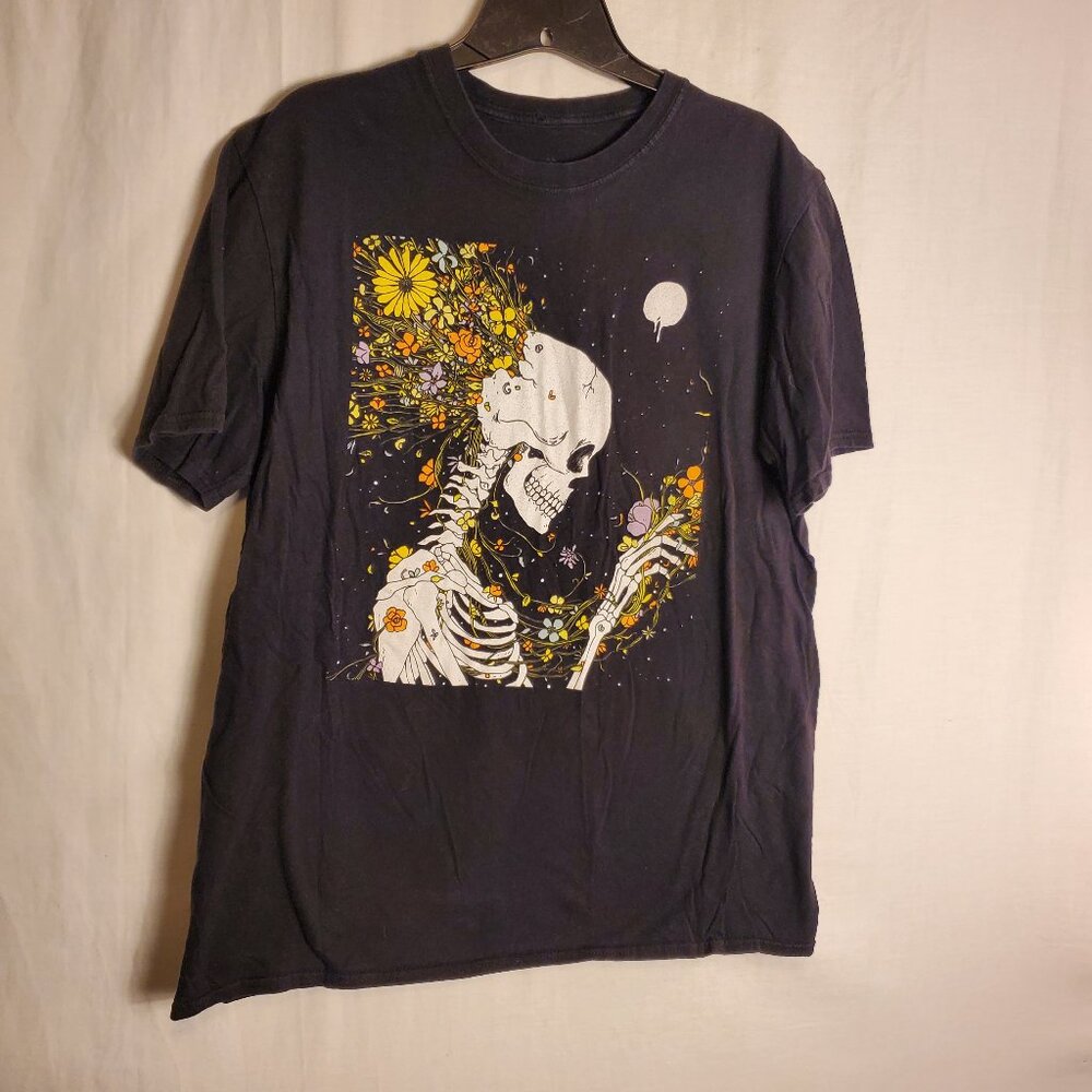 Threadless Norman Guenos Design Short Slv Sz L  Black Tee Skeleton Floral Night